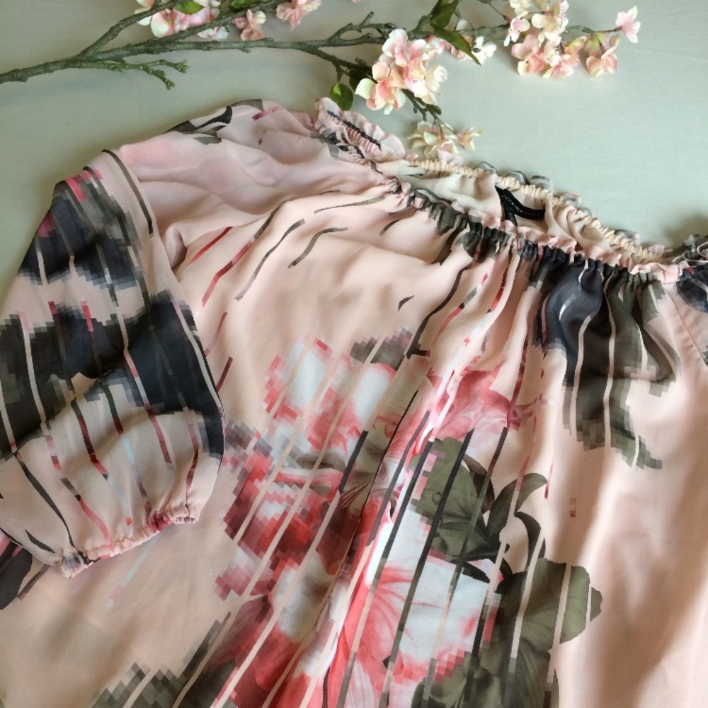 White House Black Market pink floral sheer blouse